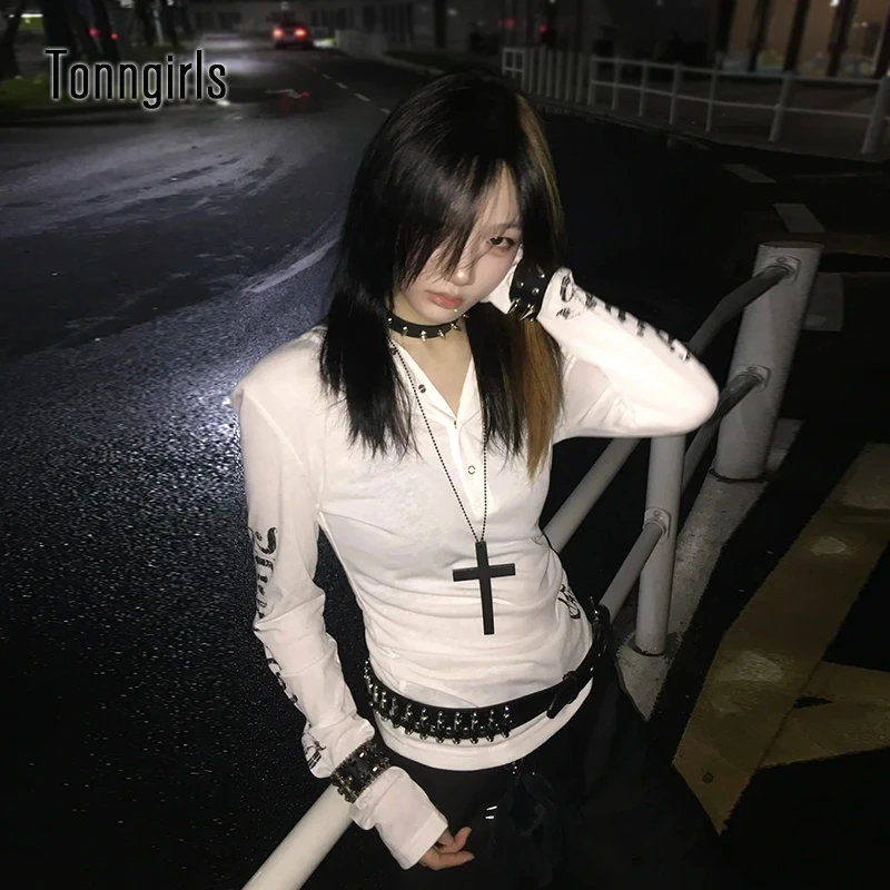 

Tonngirls Y2k Vintage T Shirt Women See Through Hoody Crop Tops Slim Print Graphic Tops 2000s Japanese Grunge Tops E-girls Tees