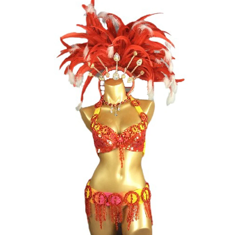 New Sexy Samba Rio Carnival Costumes Set For Women Beaded Sequins Belly Dance Costume With Red Feather Head piece