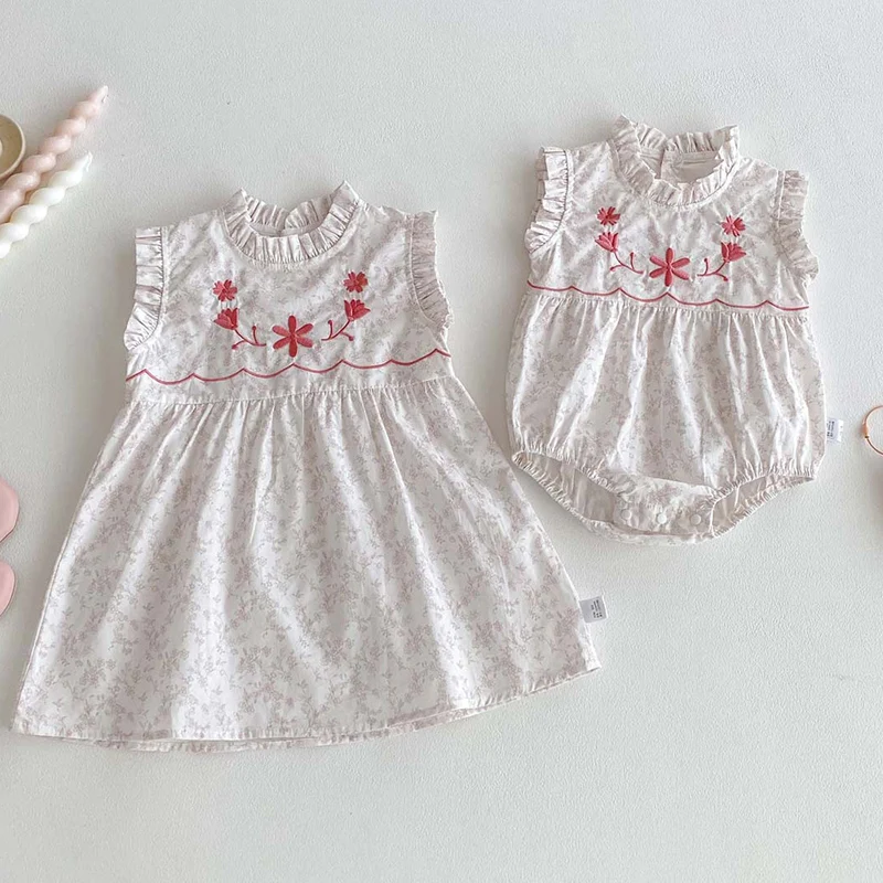 

2026 New Summer 2-5Yrs Baby Girl Party Dress Sleeveless Cotton Printed Embroidery Infant Baby Romper Kids Princess Dresses