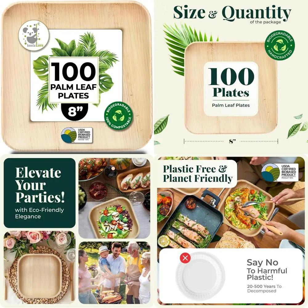 

Элегантные 8 бамбуковых тарелок с пальмовыми листьями, 100 шт., прочные одноразовые квадратные тарелки для вечеринок, лучшая альтернатива из бумаги и пластика