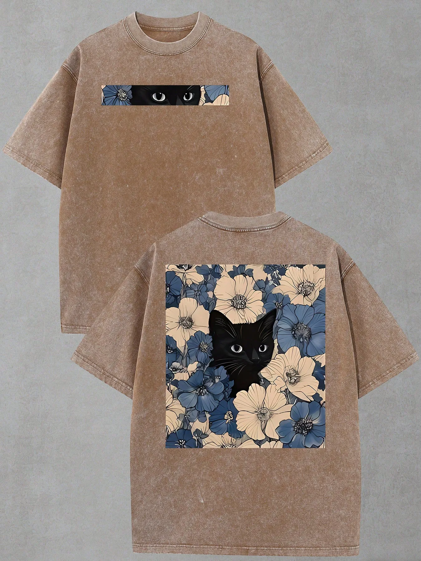 

Футболка оверсайз из выстиранного хлопка с цветочным принтом и изображением кошки, повседневная, с коротким рукавом, в стиле ретро-стритвир