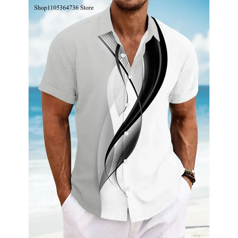 

2026 Summer Men's Geometric Line Abstract Art Shirts Short Sleeve Tops Casual Shirts Turndown Casual Shirt Button Up Shirts