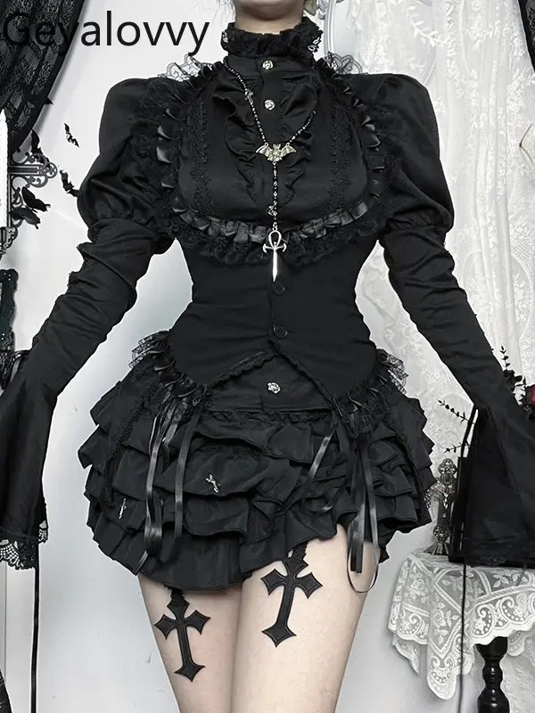 

Y2k Костюм Subculture Punk Girl Рубашка с длинными рукавами Жилет Пышная короткая юбка Комплект для женщин Комплект из трех предметов Женский темный готический стиль