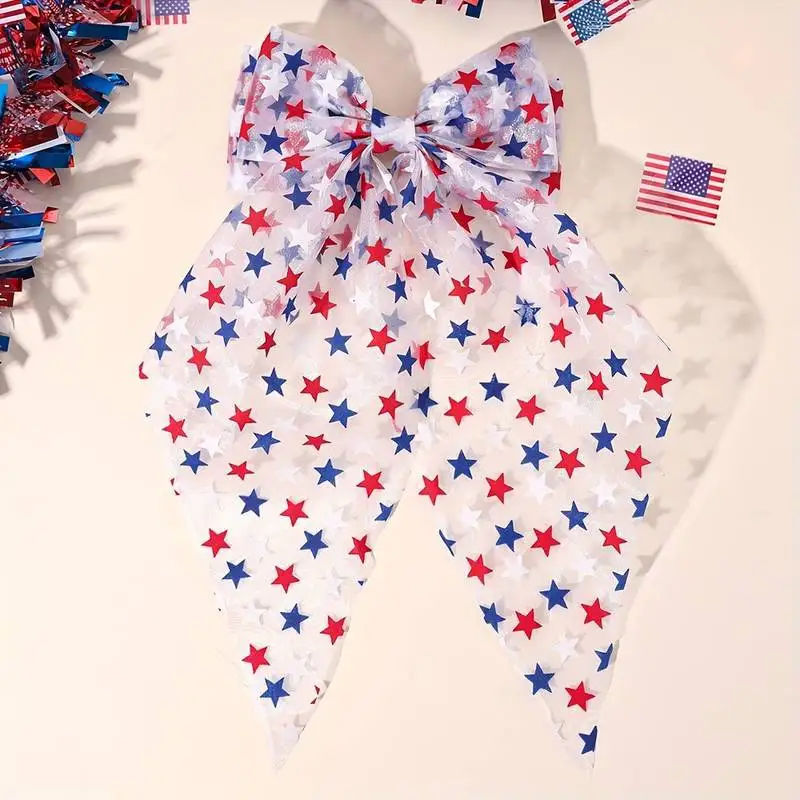 1pc USA Independence Day Bow Hair Clip Large Mesh Star Pattern Spring Claw for Women Patriotic Party Costume Decor