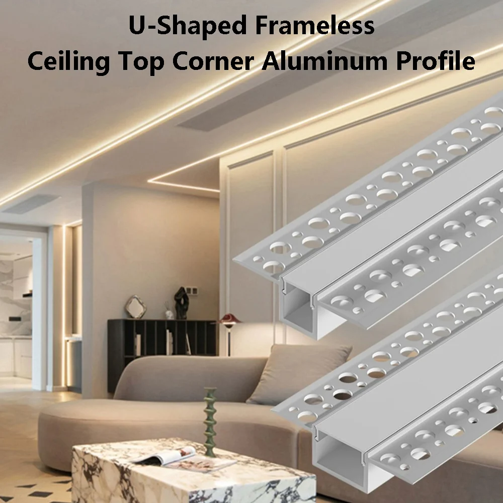 U-Shaped Frameless Ceiling Top Corner Aluminum Profile Channel Living Room Bedroom Embedded Wall Floor Linear Hard Strip Light