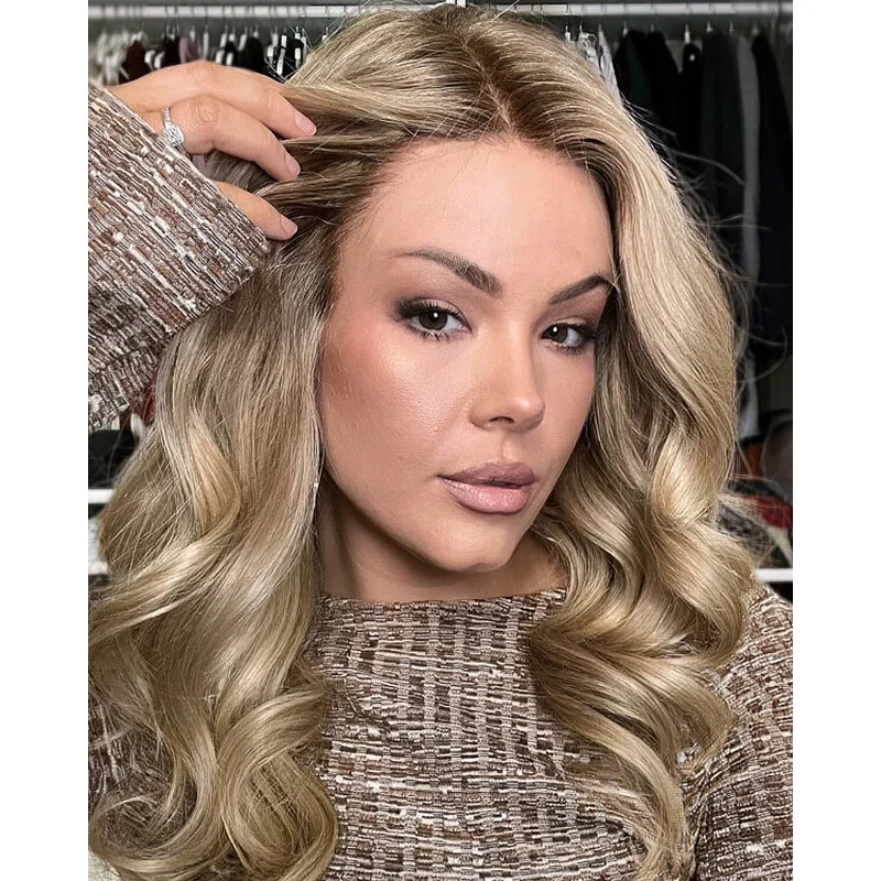 Ash Brown Blonde Wavy Wigs Real Human Hair Lace Front Wig for Caucasian