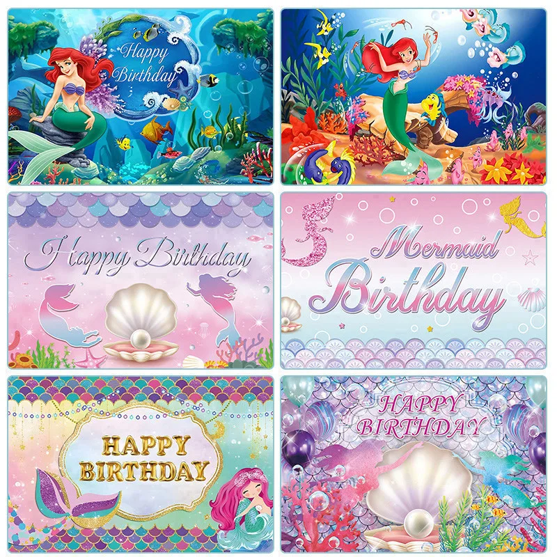 Disney Mermaid Background Wall Baby Birthday Party Photo Taking Sea Shell Treasure Poster Background Suitable