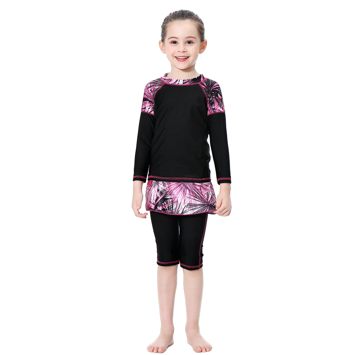 Girls Muslim Swimwears Print Tops Ruffles Morocco Sportswear Dubai Swim Bathing Cap Three Pieces Pencil Pants Ramadan Arab