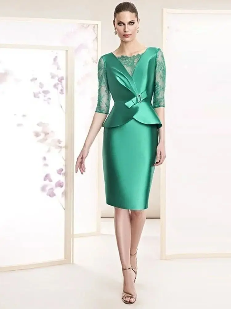 Elegant Dark Green Satin Mother Of The Bride Dresses  For Weddings Evening Gown Knee Length Formal Party  Dress