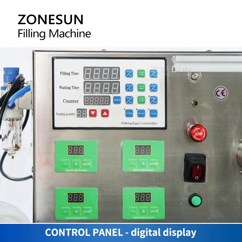 ZONESUN Tabletop Automatic 4 Diving Heads Juice Milk Essential Oil Filling Machine Jar Vial Can Filler With Chain Conveyor