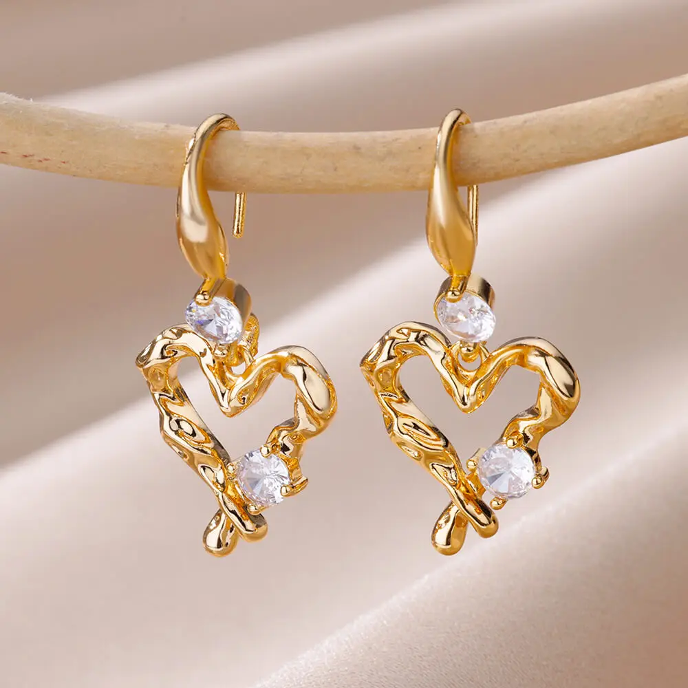 Korean Fashion Stainless Steel Gold Color Hoop Earrings For Women Luxury Zircon Turkish Devil\'s Eye Heart Drop Earring  Jewelry