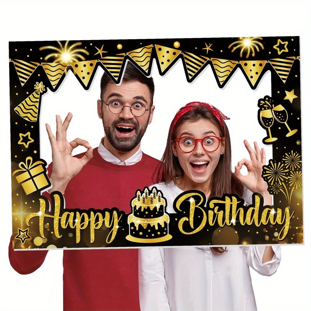 1 Piece Happy Birthday Photo Booth Photo Frame Props, Black and Gold Selfie Photo Frame, Birthday Party Supplies