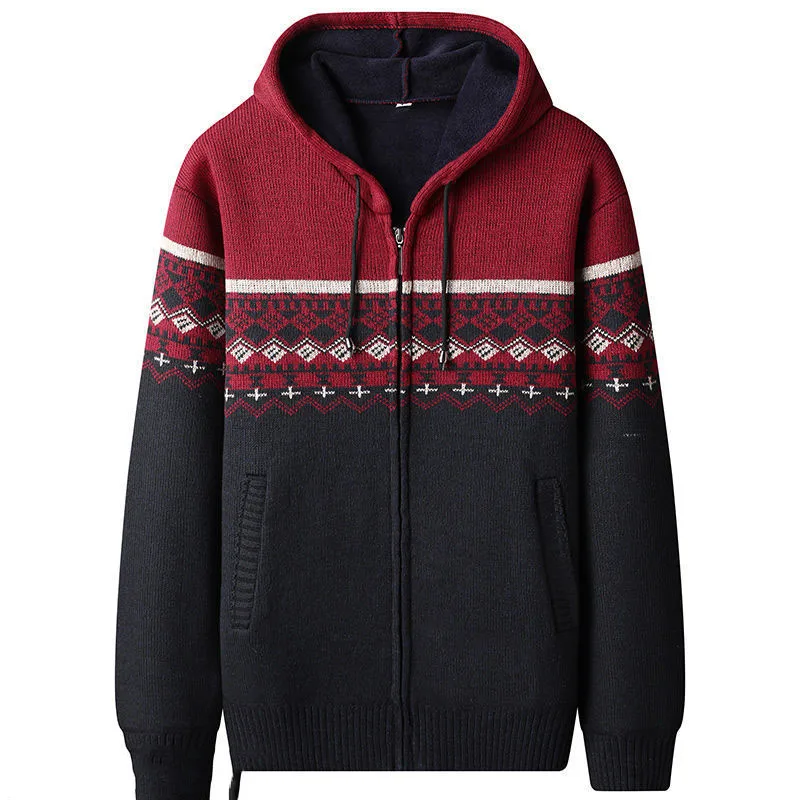 2023 New Autumn and Winter Plush Thickened Loose Warm Hooded Zipper Versatile Casual Dad Style Knitted Sweater Cardigan Jacket