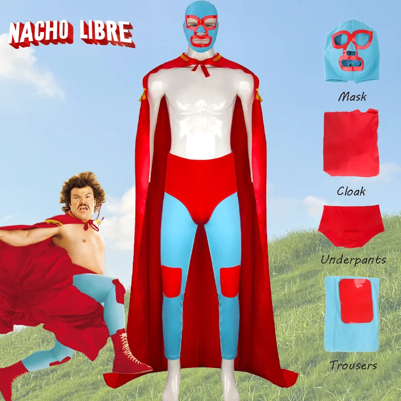 Movie Nacho Libre Cosplay Costume Wrestler Lucha Red Cloak Mask Full Set Uniform Men Fantasy Halloween Carnival Party Clothes