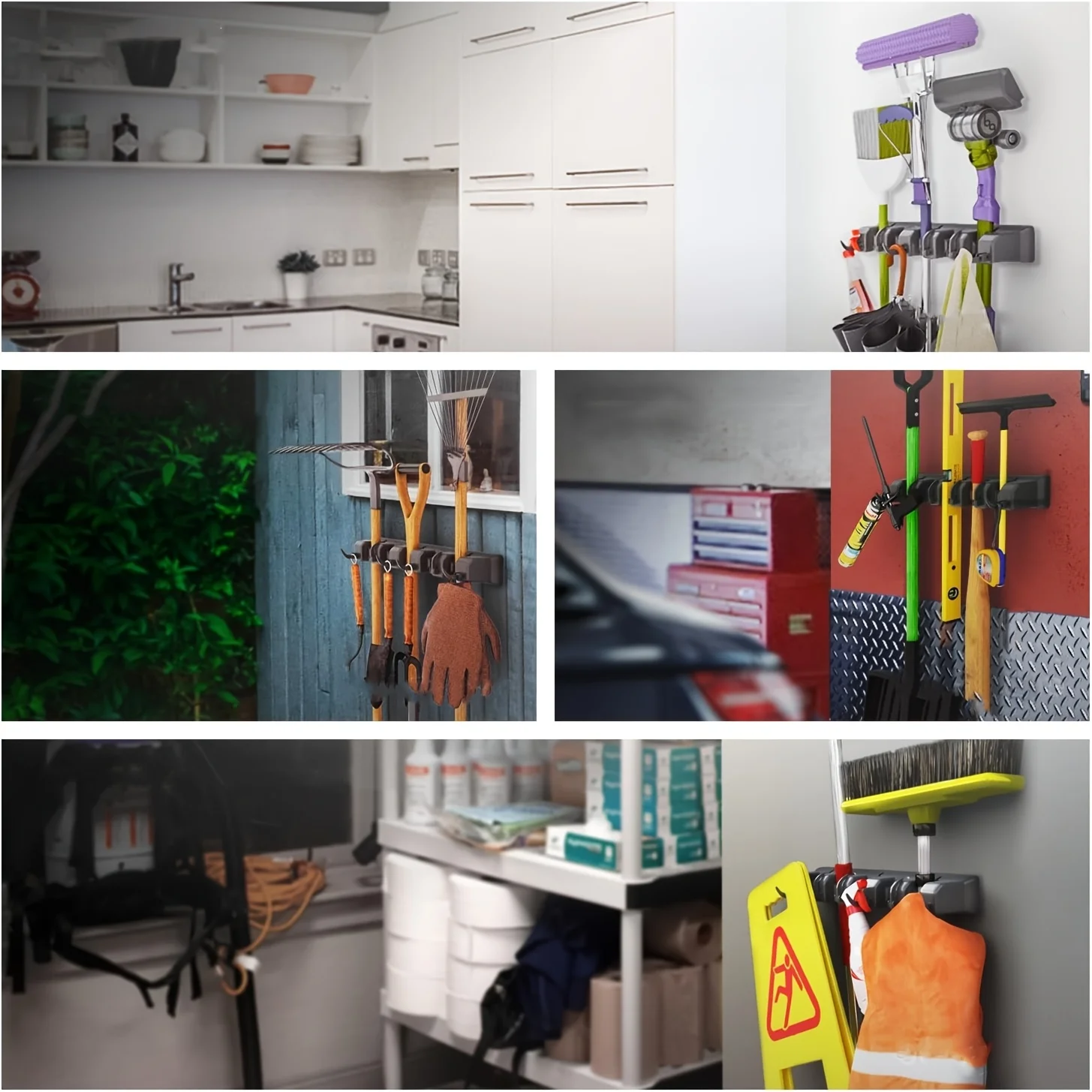 Broom Holder & Wall Mount Garden Tool Organizer, Home Laundry Room, Kitchen, Closet, Shed, Garage Organization 5 Slots & 6 Hooks
