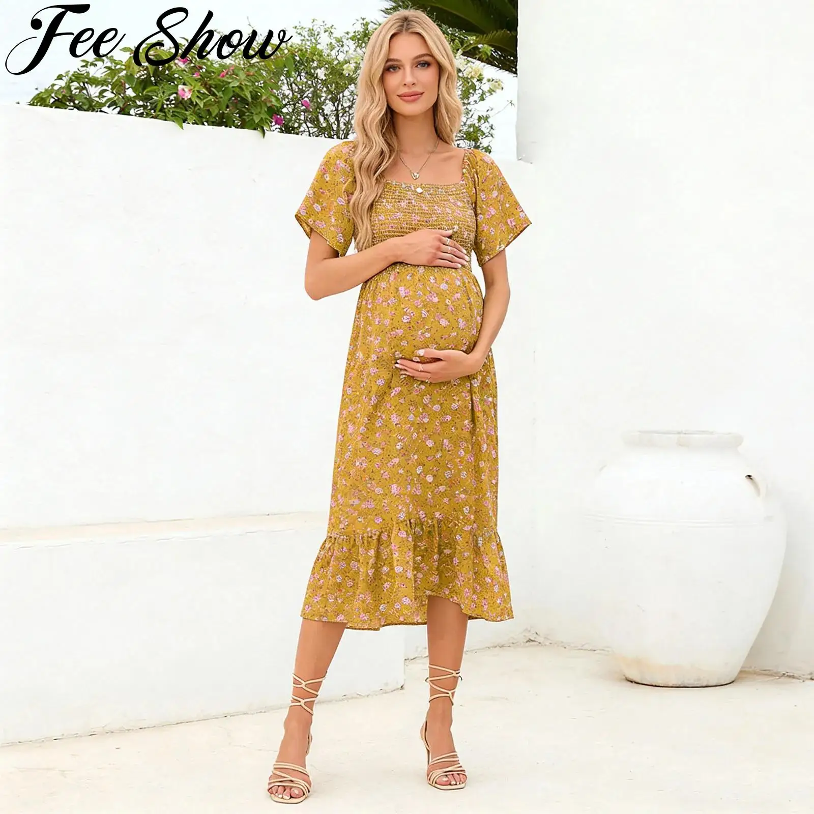 

Летнее платье для беременных с коротким рукавом, присборенным лифом, из шифона с цветочным принтом, одежда для беременных женщин для отпуска и фотосессий