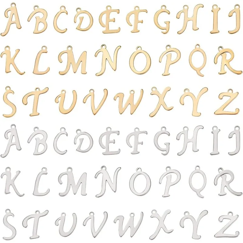 52pcs 2 Colors Stainless Steel Alphabet Charms Metal A-Z Letter Dangle Charms Hypoallergenic Pendants for DIY Jewelry Making