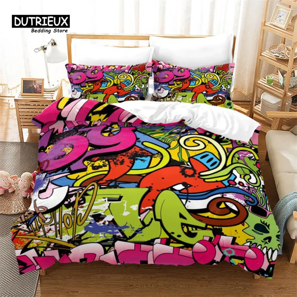 

Urban Graffiti Duvet Cover Set Blockbuster Style Graffiti Sprayed Overlapping Blocky Letters Street Art Bedding Set Pillowcases