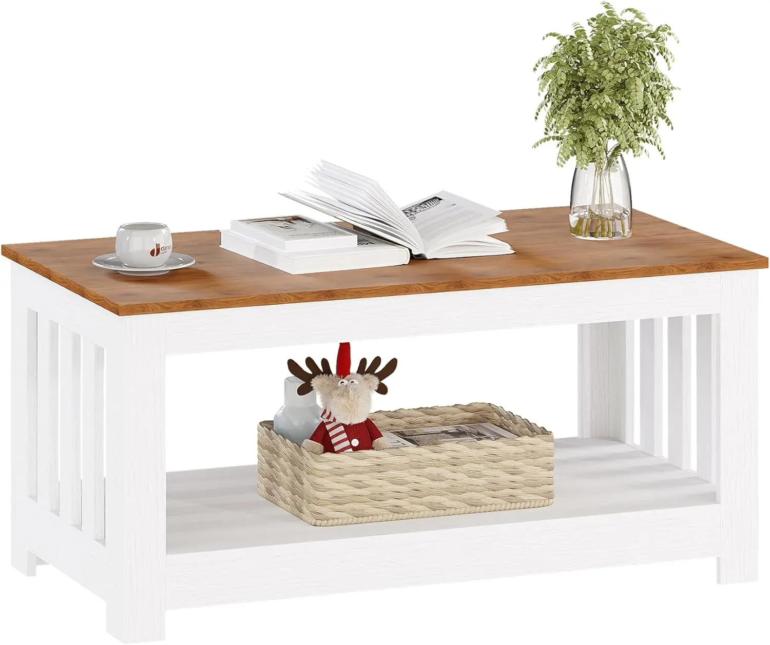 Wooden One Style Fits All Coffee Table - Walnut & White Coffee Table with Storage, 2-Tier Rectangular Console Living Room