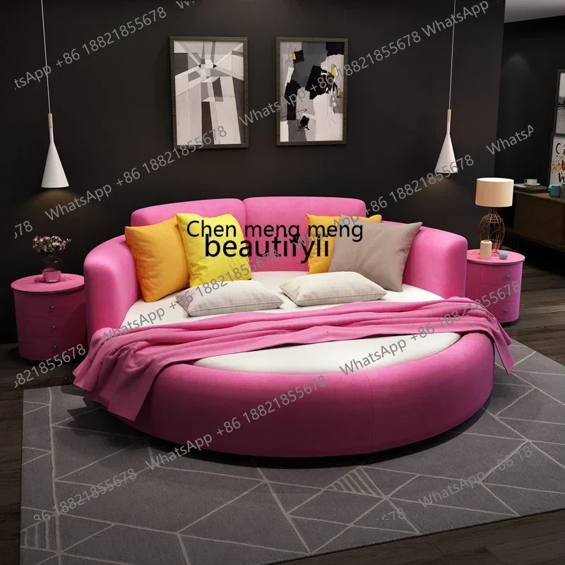 s8617Genuine Leather Large round Bed Double Master Bedroom Marriage Bed Hotel Fabric Couple Fun Marriage Bed