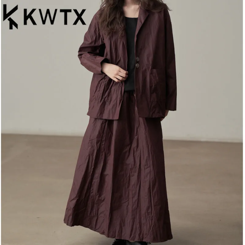 

KWTX 2025 Spring Summer Two Piece Set Shirt Top & Midi Skirt Casual Pleated Texture Pockets Soft Elegant Luxury High Quality