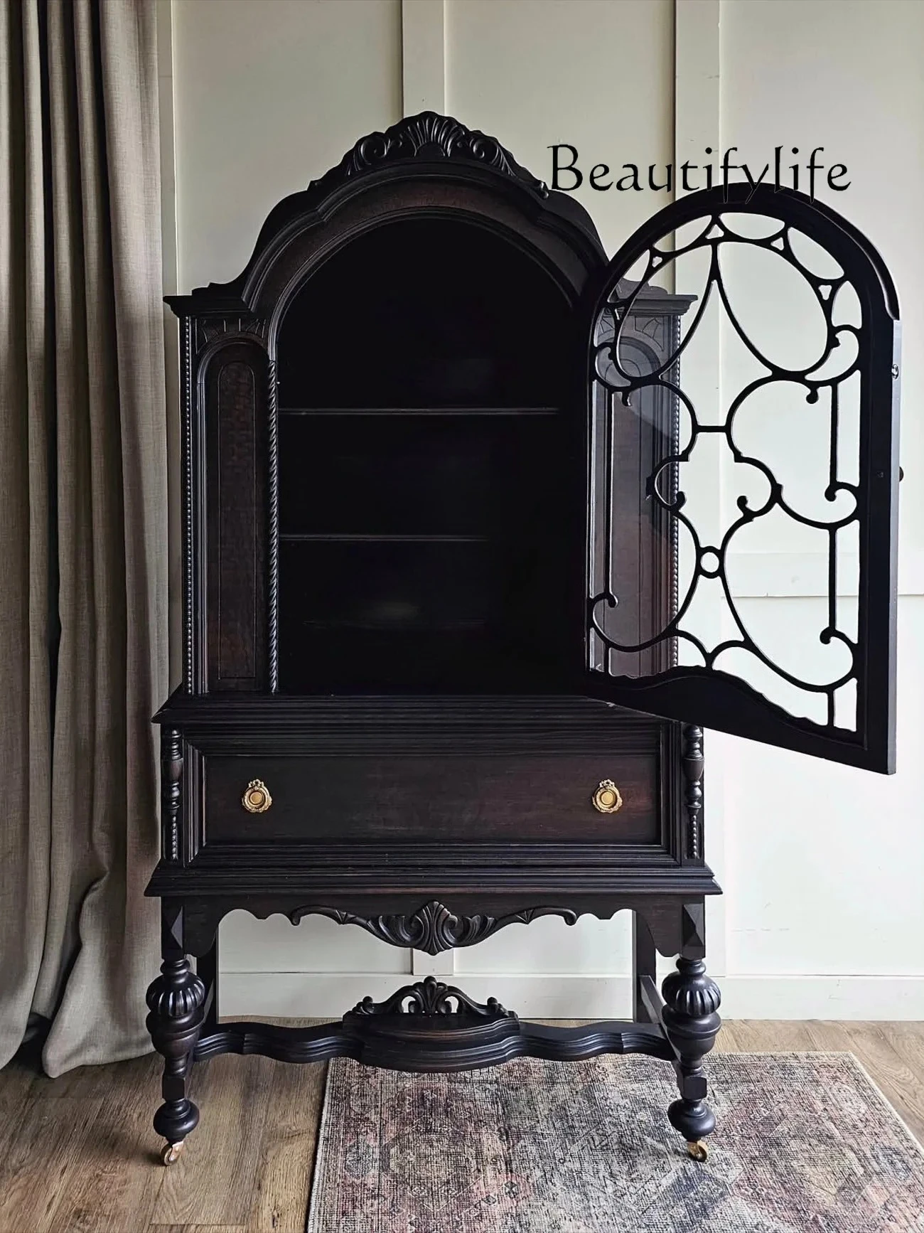 

0 French Retro Solid Wood Carving Flower Retro Wine Cabinet American Antique Dining Side Cabinet Storage Cabinet