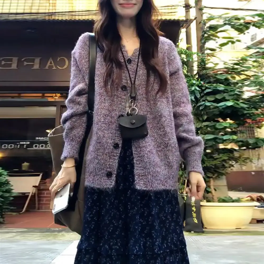 Purple Knitted Open Cardigan Sweater Outerwear Floral Halter Dress Women's 2025 New Arrival One Set Korean Style Loose Fit