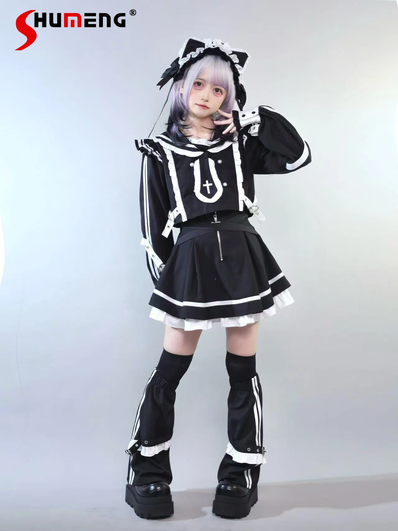

Japanese Mine Style Subculture Punk Sets Navy Collar Long Sleeve Short Jackets A-line Skirts Two-piece Set Women Add Leg Cover