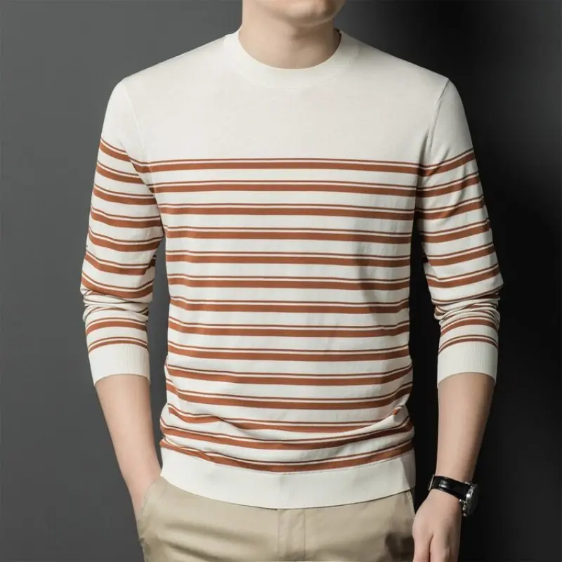 الخريف الشتاء الرجال محبوك سترة مخطط فضفاض الجولة الرقبة قاعدة طويلة الأكمام قميص ملابس للرجال منتصف العمر رقيقة سترة