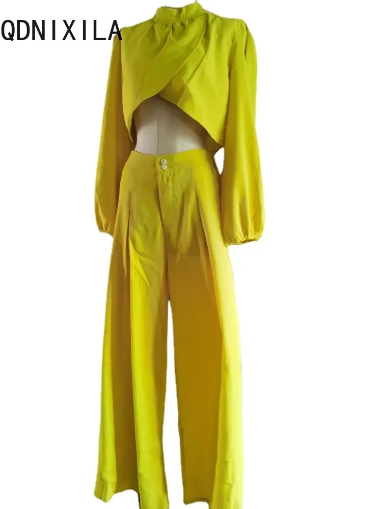 Nuovo Set di due pezzi moda estiva elegante Top irregolare vita alta gamba larga pantalone Set manica lunga giallo Sexy Top coordinati