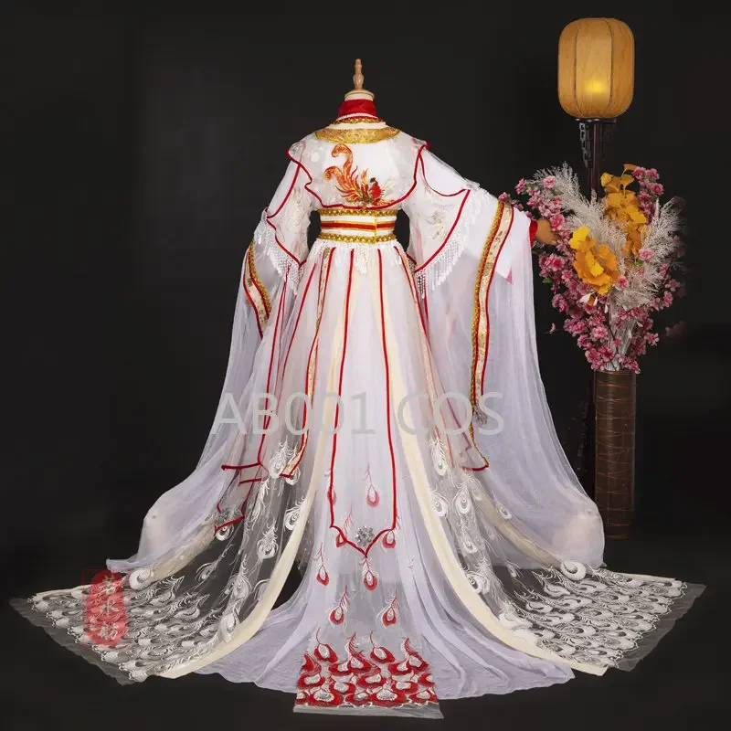 Tian Guan Ci Fu Xie Lian Tai Zi Yue Shen Platinum Peacock Cosplay Costume Ancient Hanfu Dress Halloween Party Wig Fan Shoes Prop