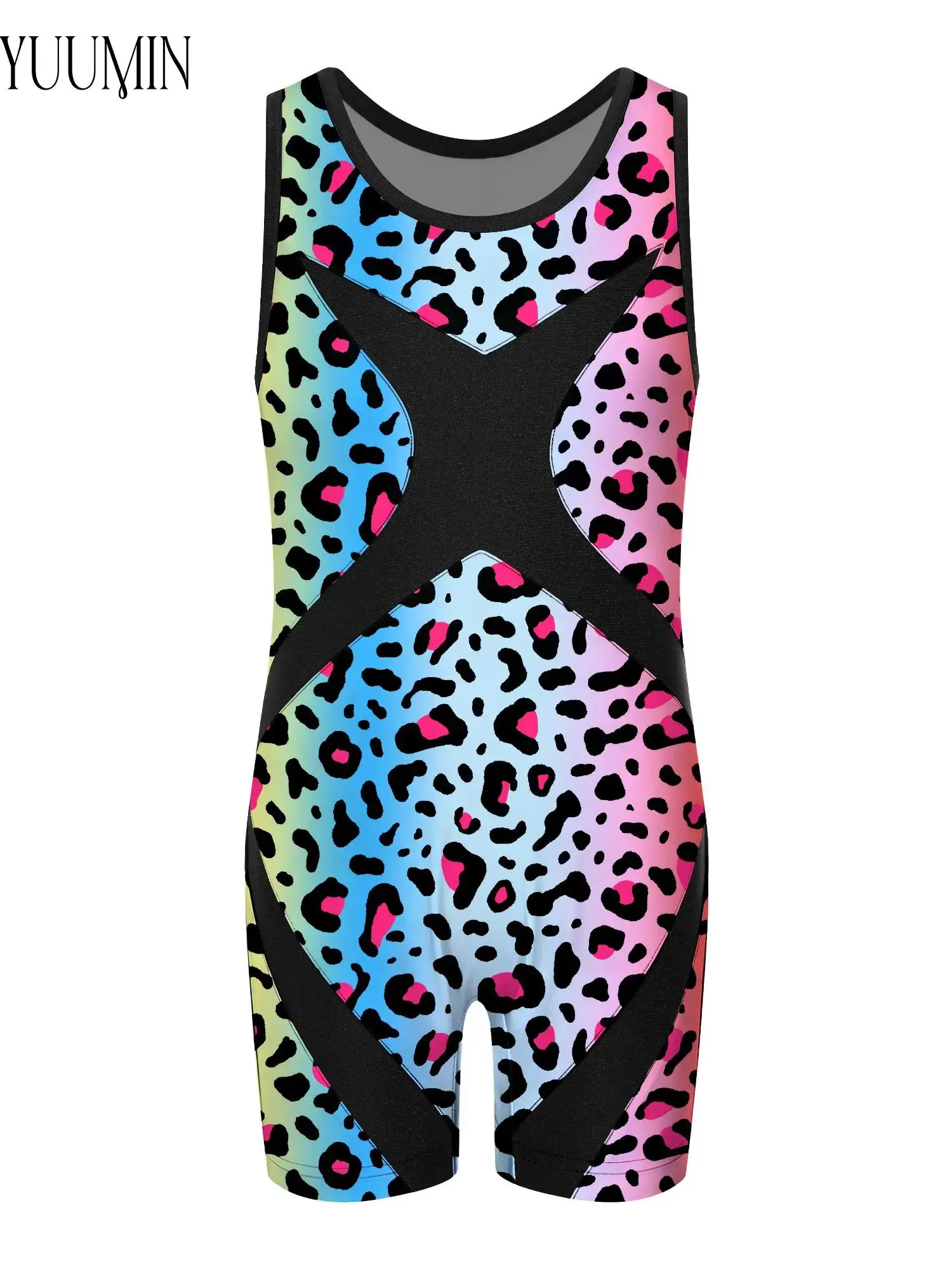 

4-14Y Kids Girls Wrestling Singlet Jumpsuit Sleeveless Color Block Patchwork Stylish Print Thigh Length Sports Bodysuit
