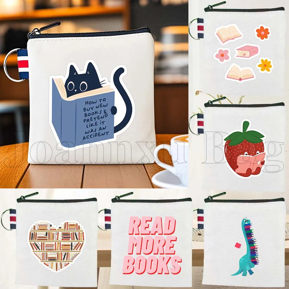 

Забавный кошелек-монетница из холщовой ткани с милым цветочным принтом и изображением кота-читателя, подарок для любителей книг, сумка для ключей и карт, кошелек-чехол