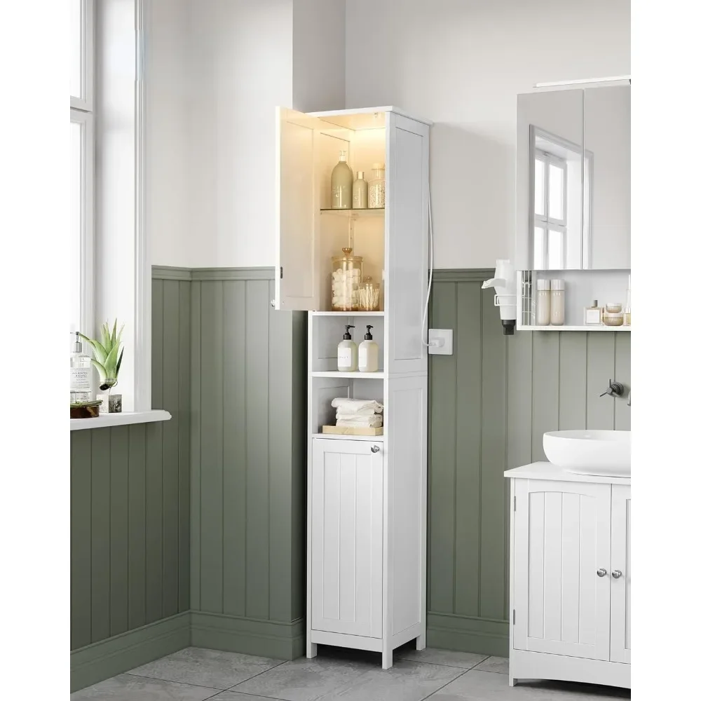 

Bathroom cabinet, independent narrow cabinet with adjustable shelves, open compartments, high bathroom cabinet with lights