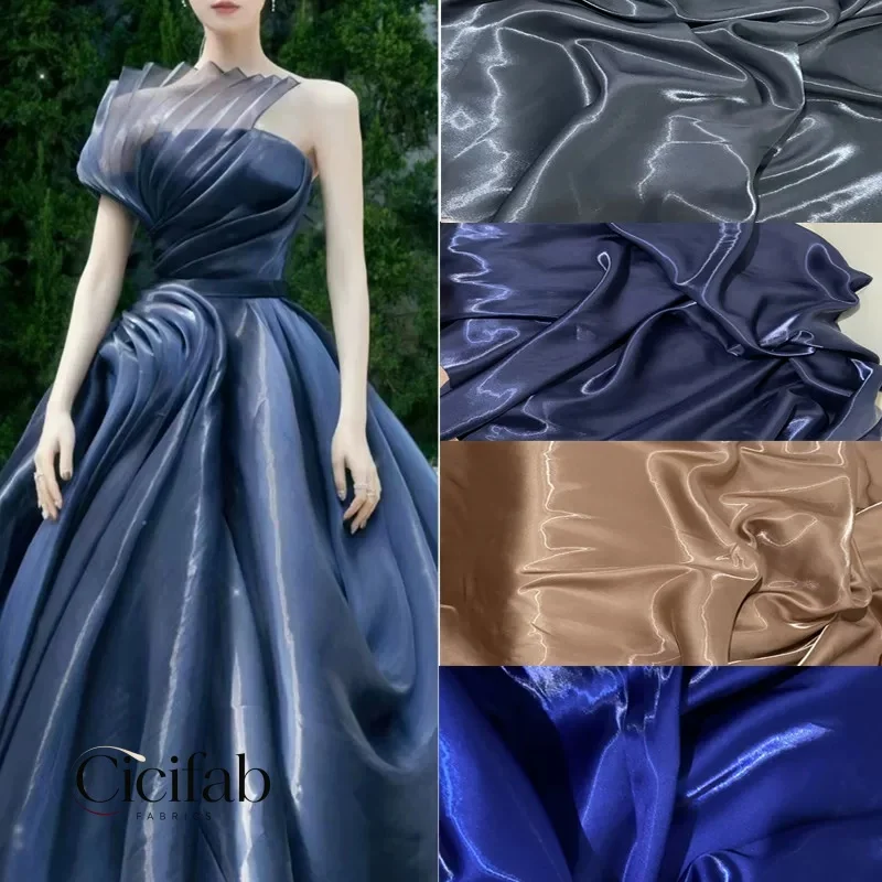 Misty Blue Light Blue Metallic Liquid Satin Fabric Starry Shiny Stiff Designer Fabric for Evening Gowns  Fashion DIY Sewing