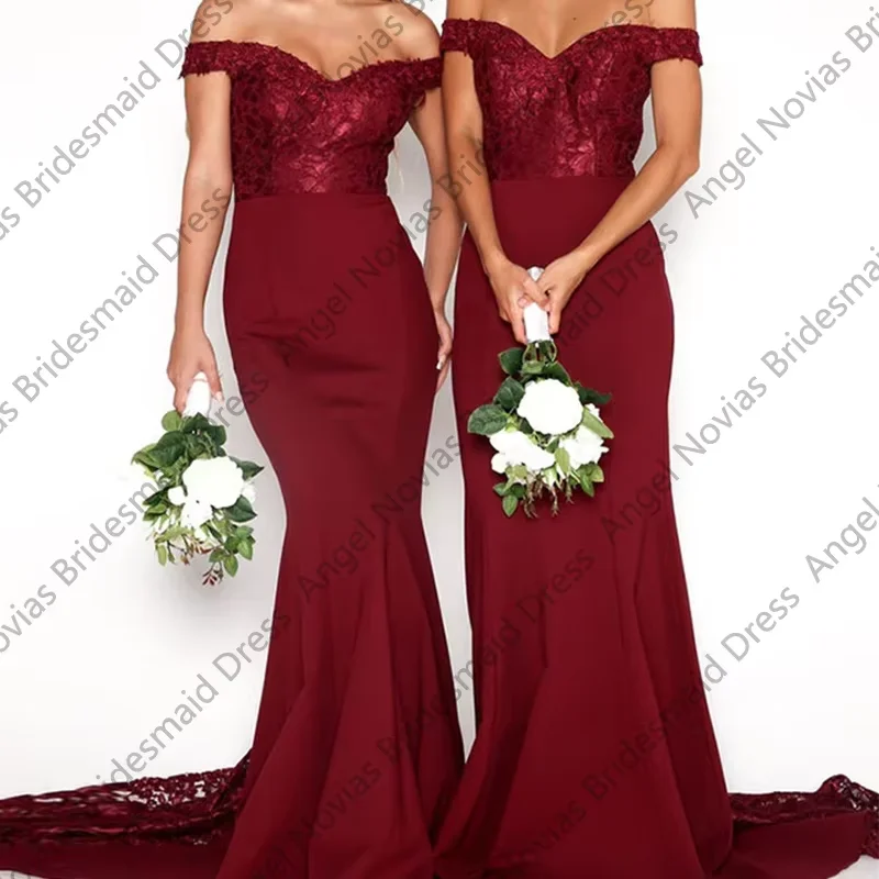 

Long Mermaid Burgundy Bridesmaid Dresses for Wedding Vestido Festa Sweep Train Satin One Shoulder Wedding Guest Dress