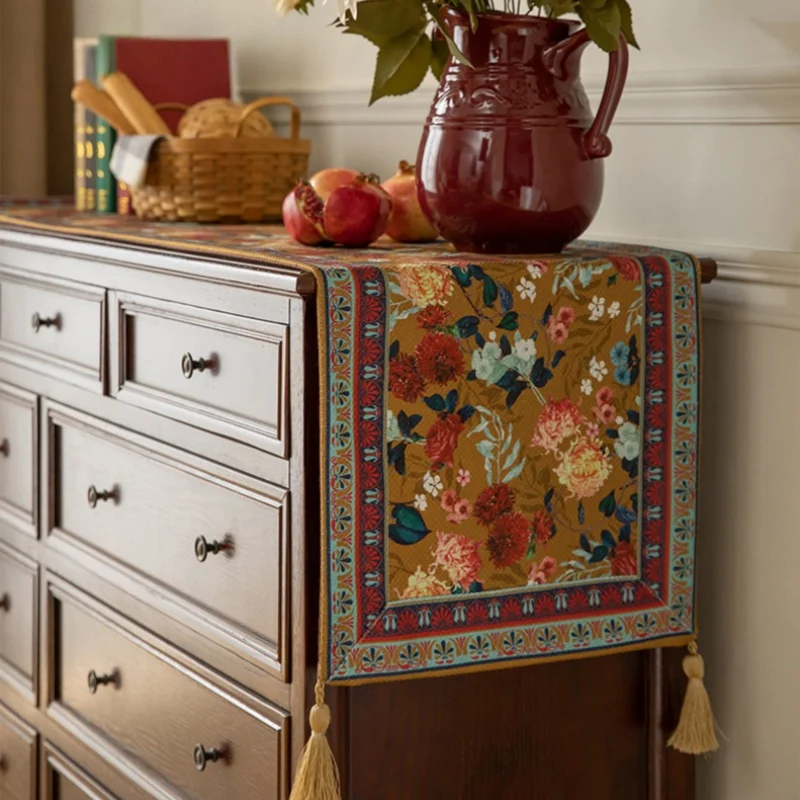Camino de mesa grueso Retro elegante con borlas con estampado Floral, mezcla de algodón amigable, para mesas largas de cena para bodas y vacaciones