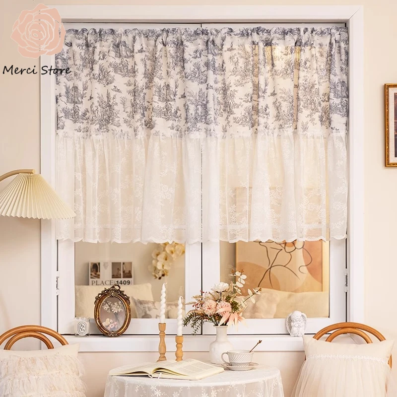 

French Retro Half Cotton Linen Kitchen Small Short Window Lace Gauze Curtains Tulle for Living Room Partition Door Drilling