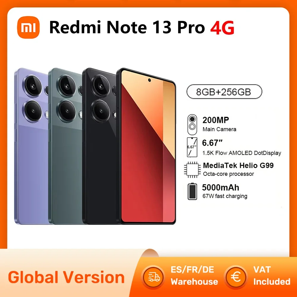 Xiaomi Redmi Note 13 Pro 4G Smartphones Global Version MTK Helio G99-Ultra 67W 5000mAh 200MP Camera NFC 120Hz AMOLED Screen