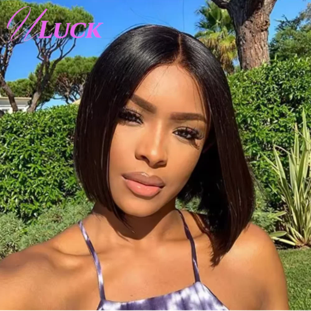 

Uluck Double Drawn Bone Straight Short Bob Wigs Brazilian Real Human Hair Wigs 300% Density 2x6 Lace Frontal Wigs Ready To Wear