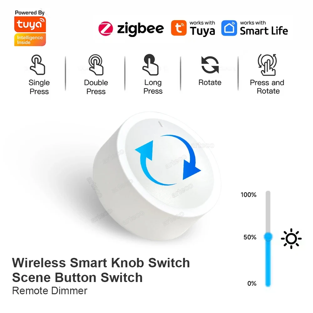Tuya ZigBee Smart Knob Switch Wireless Scene Button Rotatable Dimmer Controller Switch Intelligent Automation Linkage Remoter