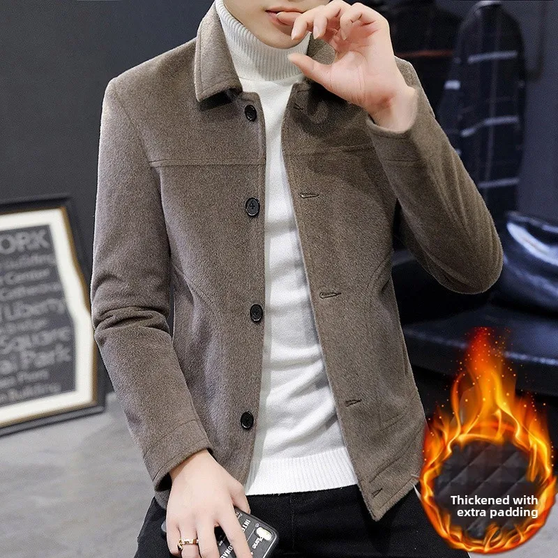 

Мужское осенне-зимнее пальто с лацканами, джет, шерстяная ткань, искусственный мех, корейская рабочая одежда, модная городская одежда для поездок на работу, Sle