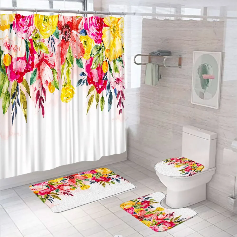 Plant Flowers Leaves Bathroom Curtains Watercolor Floral Scenery Shower Curtain Sets Non-Slip Bath Mat Rug Toilet Lid Cover Home