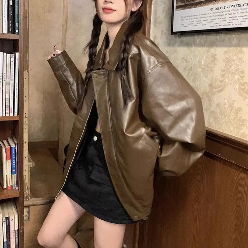 Vintage Maillard brown leather jacket for women fall and winter PU leather bomber jacket streetwear women versatile outerwear