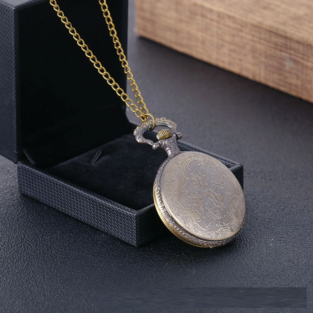 Vintage Pocket Small Watch Steampunk Quartz Watch With Chain Hollow Heart Cover Necklace Bronze Color Alloy Fob Clock Men Gift