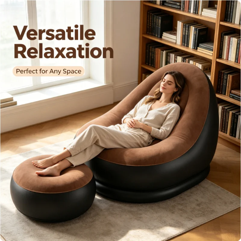 2Pcs Portable Inflatable Recliner Sofa With Ottoman Footrest Outdoor Camping Chaise Lounge Garden Leisure Chair