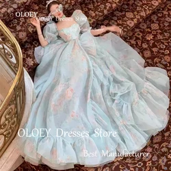 OLOEY Exquisite Blue Floral Evening Dresses Garden Photoshoot Wedding Party Dresses Off Shoulder Ruffles Chiffon Customized