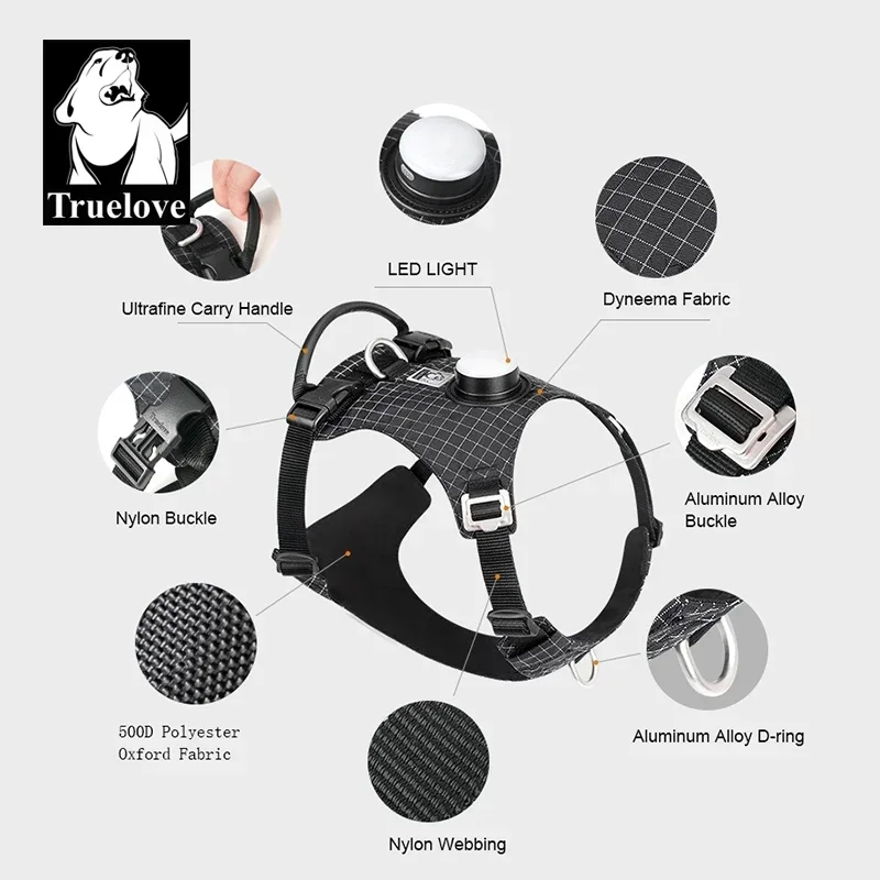 Truelove-Pet Harness with LED Light and Tracker Holder, 19 Modes, for Dog, Cat Time, Highly Recommended for Outdoor Use, TLH6771