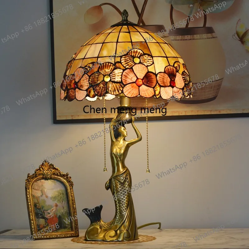 

Retro handmade shell table lamp European and American French bedroom bedside all-copper mermaid decorative table lamp ornament