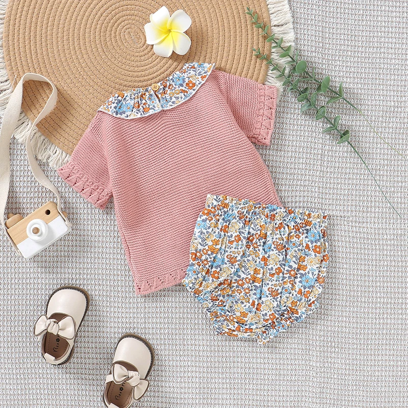 Baby Clothes Set Knitted Infant Girl Pullover +Pants Short Sleeve Summer Newborn Solid Tops +Fashion Floral Panties 2pc Playsuit